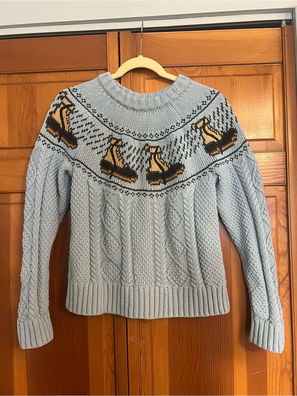 L.L. Bean Blue Cable Knit Sweater with Bean Boots